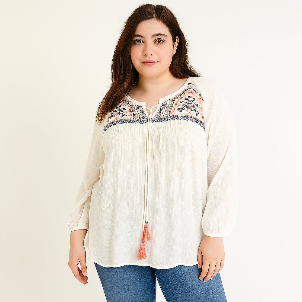 NY Collection‎ Women's Embroidered Embellished Peasant Top Size 2X Boho Festival